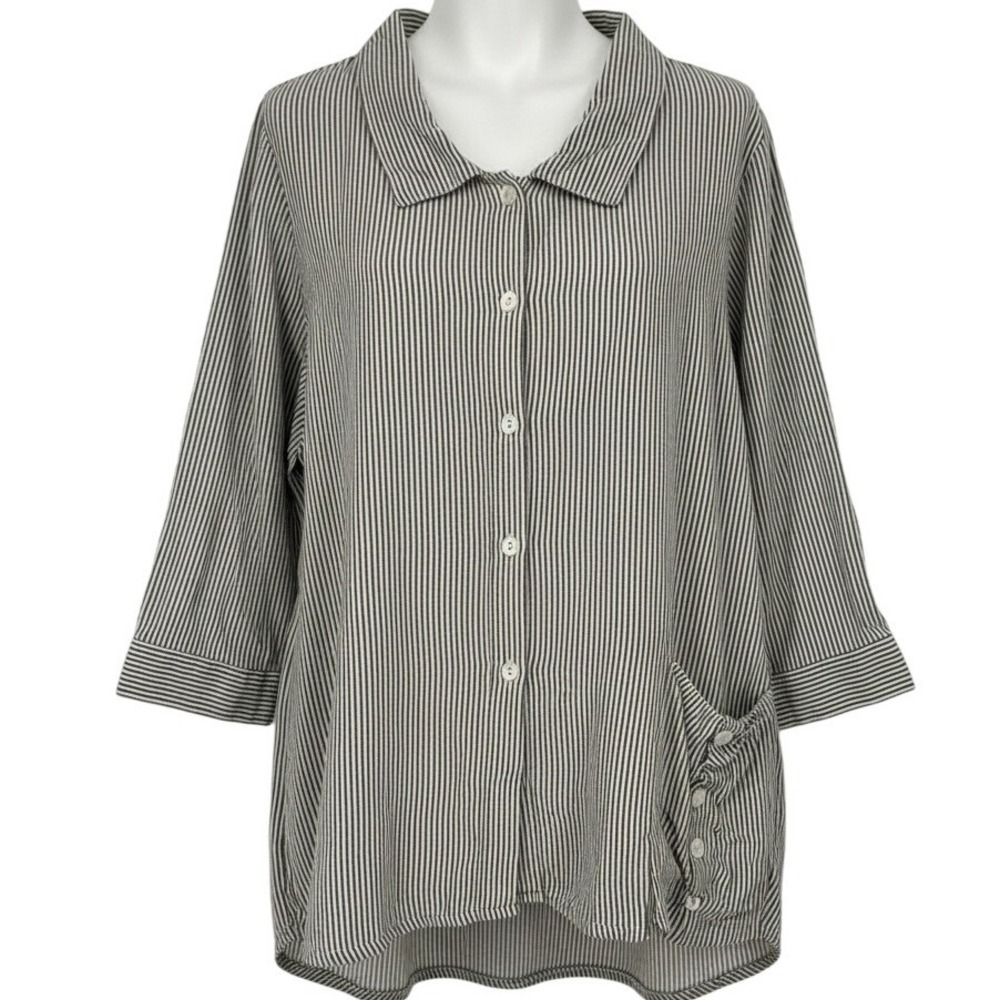 Tulip Women's Striped Button Front Shirt Size Large Cotton Gray‎ White Boho - CJ